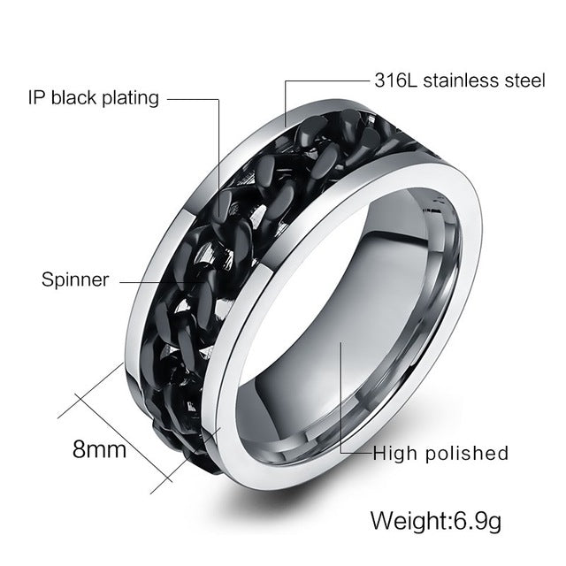 Fashionable stainless steel black chain spinner ring