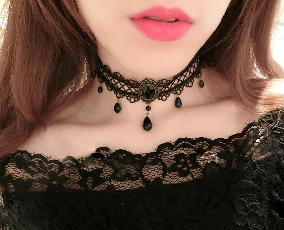 Black Flower Rhinestone Choker Necklace