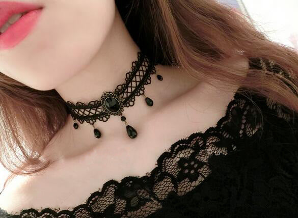Black Flower Rhinestone Choker Necklace
