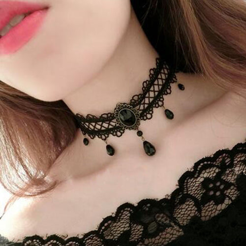 Black Flower Rhinestone Choker Necklace