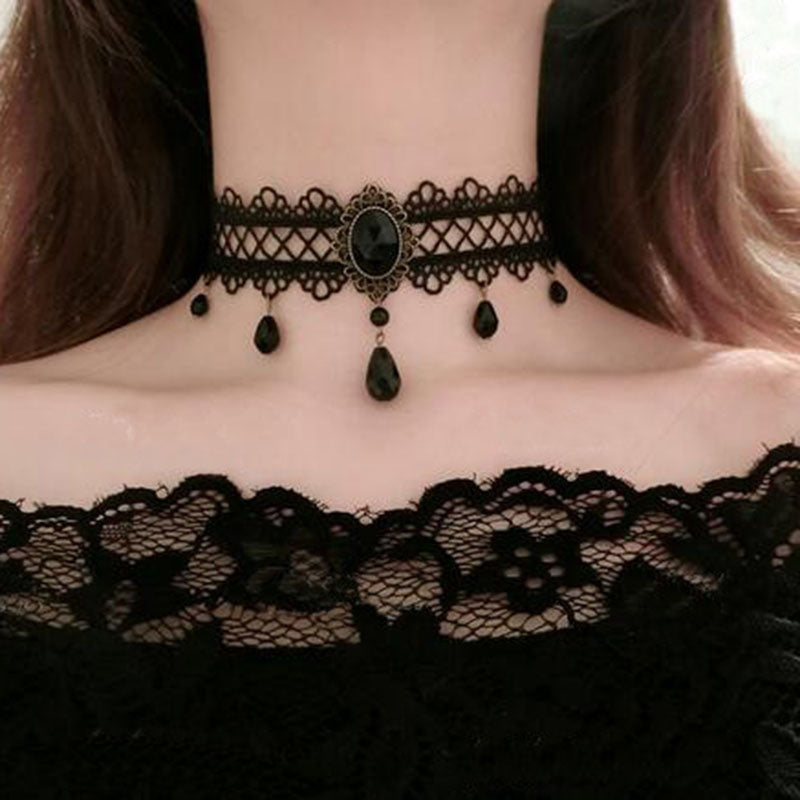Black Flower Rhinestone Choker Necklace