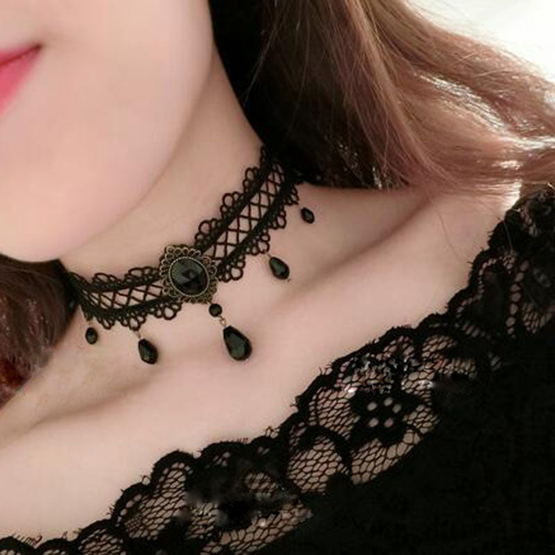 Black Flower Rhinestone Choker Necklace